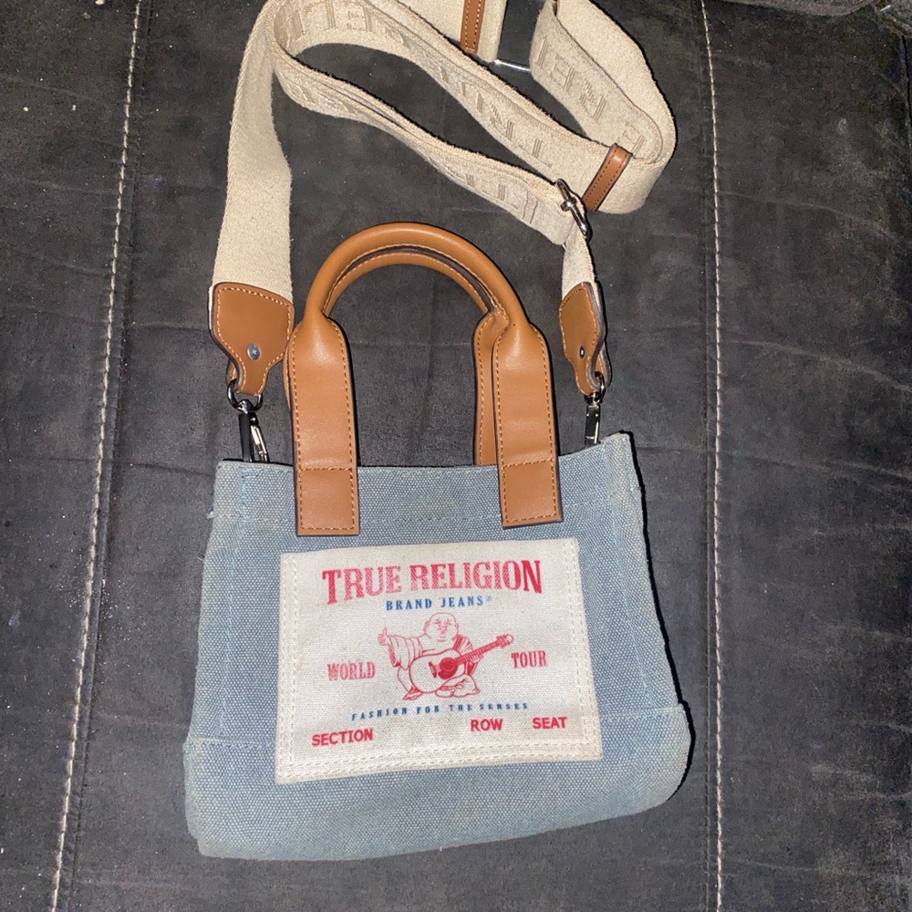 True Religion Blue and Tan Canvas Bag